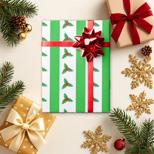 Christmas Stripes Holly Berry Wrapping Paper