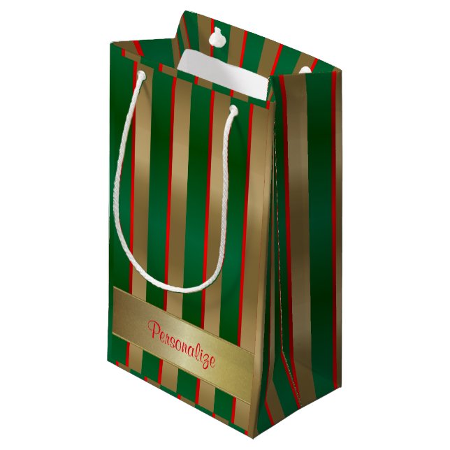 Christmas Stripes in Gold, Green and Red Small Gift Bag (Front Angled)