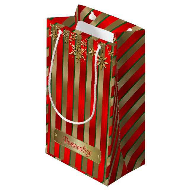 Christmas Stripes in Gold, Red and Green Small Gift Bag (Front Angled)