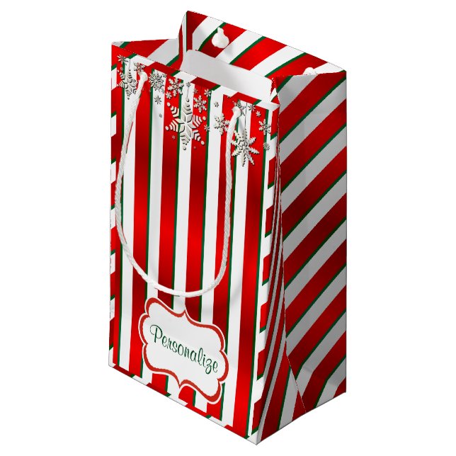 Christmas Stripes in White, Green and Red Small Gift Bag (Front Angled)