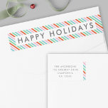 Christmas Stripes | Modern Colourful Return Addres Wrap Around Label<br><div class="desc">Beautiful, cute diagonal christmas candy stripe pattern wrap around label in striking shades of red, green, blue and pink in a modern, 'scandi 'scandinavian design style. This versatile label matches our candy stripe holiday cards and can be personalised with your own greeting in place of "Happy Holidays", your family name...</div>