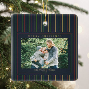 Christmas Stripes One Photo Ceramic Ornament