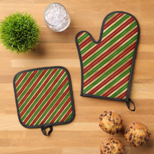 Christmas Stripes Red Green Gold  Oven Mitt & Pot Holder Set