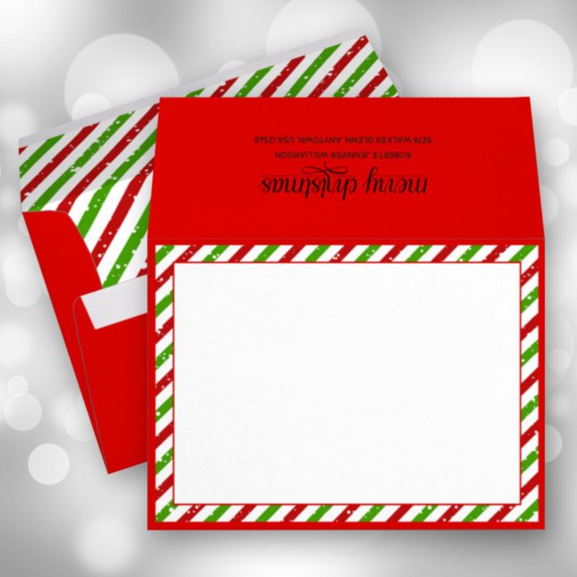 Christmas Stripes Red Holiday Envelope (Christmas candy cane stripes on red holiday envelopes with FREE return address on the back)