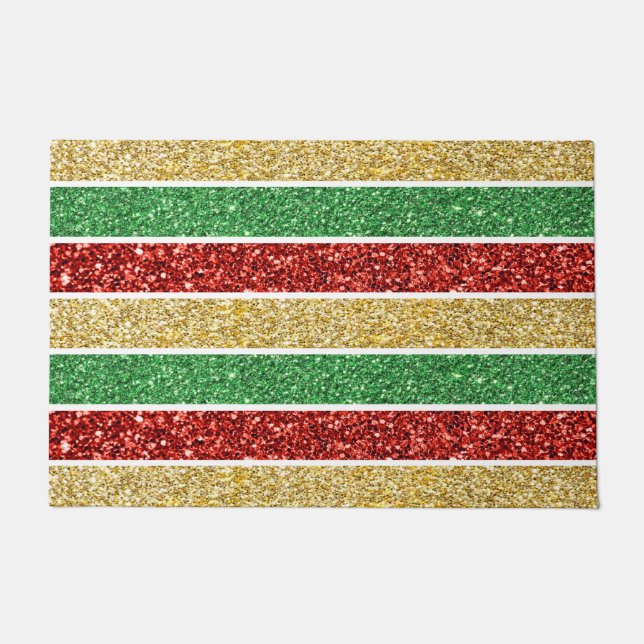Christmas Stripes Red, Yellow Gold & Green Bling Doormat (Front)