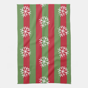 Christmas Stripes Snowflakes Festive Red Green Tea Towel