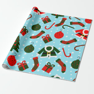 Christmas stuffs in Red and Green and snow backgro Wrapping Paper
