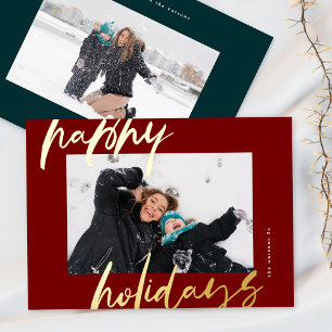 christmas stylish red script gold photo happy foil holiday card