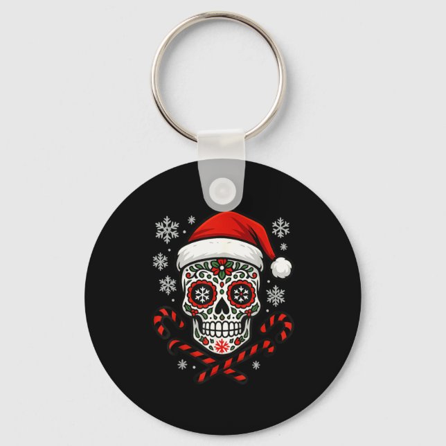 Christmas Sugar Calavera Skull Santa Hat Candy Can Key Ring (Front)