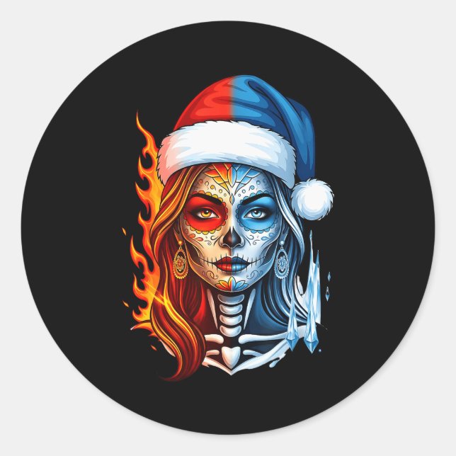 Christmas Sugar Skull Art Woman Santa Hat Fantasy  Classic Round Sticker (Front)
