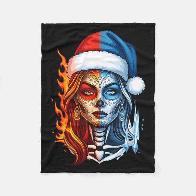 Christmas Sugar Skull Art Woman Santa Hat Fantasy  Fleece Blanket (Front)