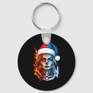Christmas Sugar Skull Art Woman Santa Hat Fantasy Key Ring