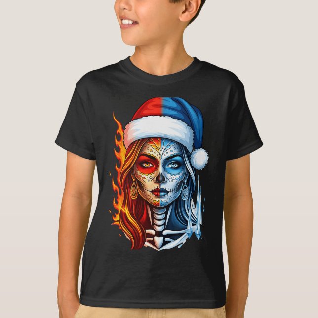 Christmas Sugar Skull Art Woman Santa Hat Fantasy  T-Shirt (Front)