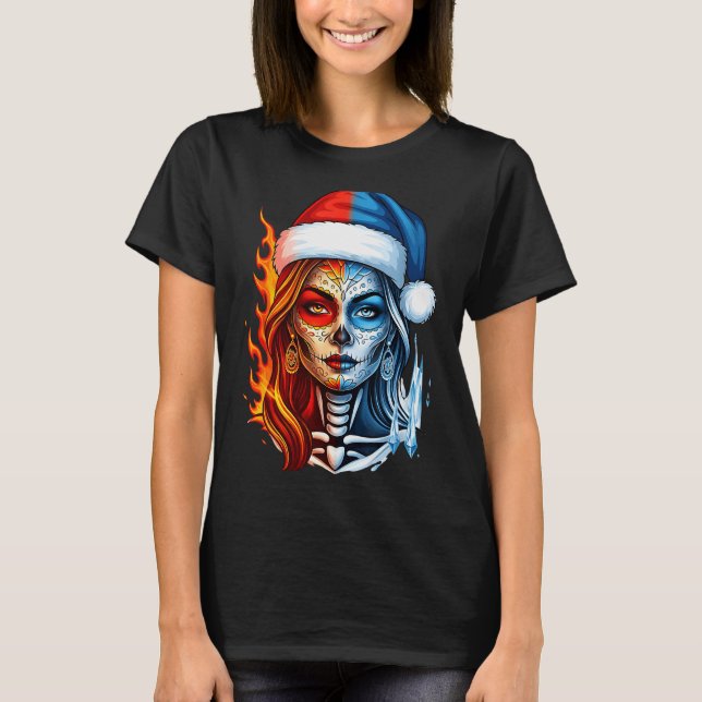 Christmas Sugar Skull Art Woman Santa Hat Fantasy  T-Shirt (Front)