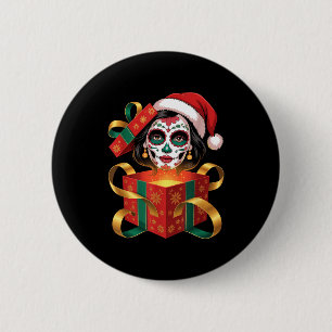 Christmas Sugar Skull Art Woman Santa Hat Festive 6 Cm Round Badge