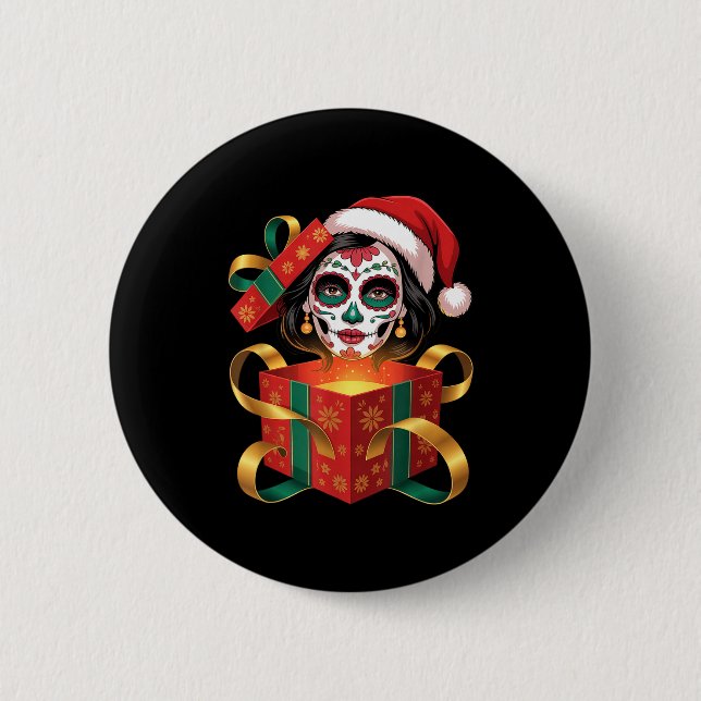 Christmas Sugar Skull Art Woman Santa Hat Festive  6 Cm Round Badge (Front)
