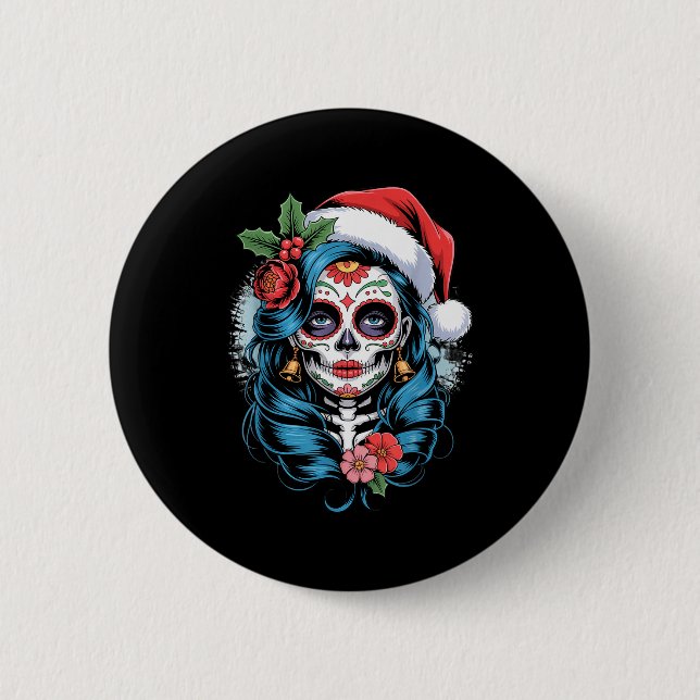 Christmas Sugar Skull Art Woman Santa Hat Festive  6 Cm Round Badge (Front)