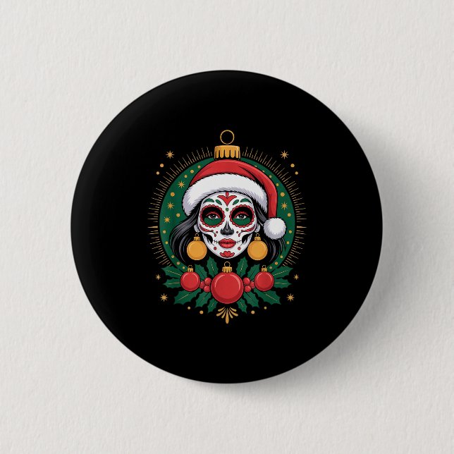 Christmas Sugar Skull Art Woman Santa Hat Festive  6 Cm Round Badge (Front)