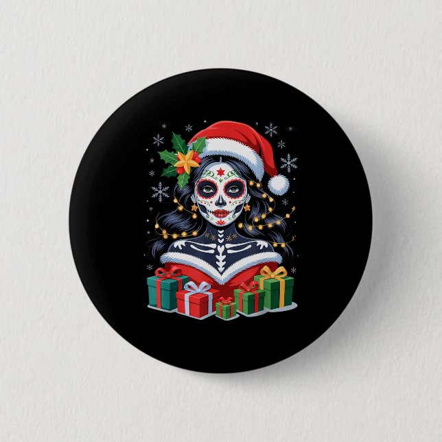 Christmas Sugar Skull Art Woman Santa Hat Festive  6 Cm Round Badge (Front)