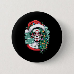 Christmas Sugar Skull Art Woman Santa Hat Festive 6 Cm Round Badge