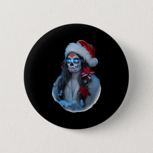 Christmas Sugar Skull Art Woman Santa Hat Festive 6 Cm Round Badge