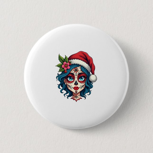 Christmas Sugar Skull Art Woman Santa Hat Festive  6 Cm Round Badge (Front)