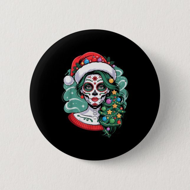 Christmas Sugar Skull Art Woman Santa Hat Festive  6 Cm Round Badge (Front)