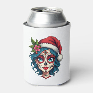 Christmas Sugar Skull Art Woman Santa Hat Festive Can Cooler