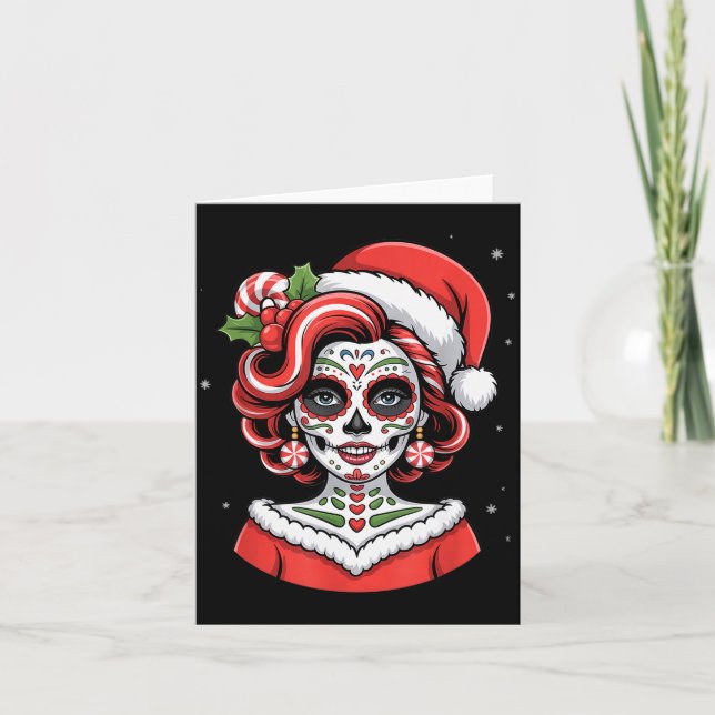 Christmas Sugar Skull Art Woman Santa Hat Festive  Card (Front)