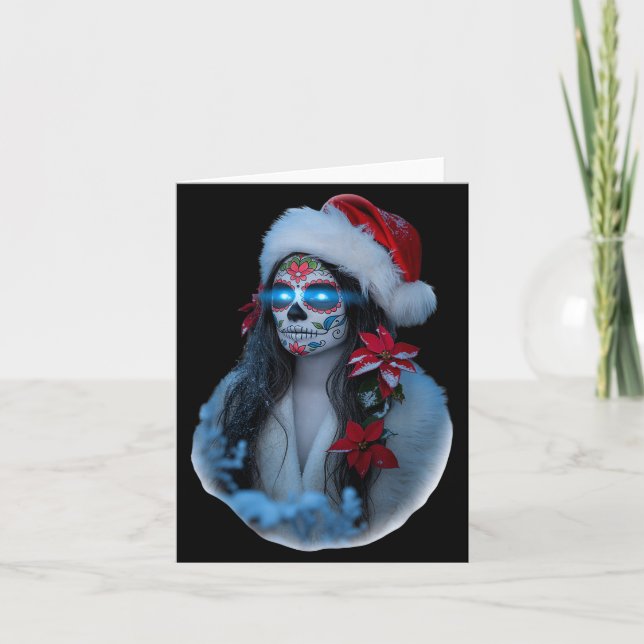 Christmas Sugar Skull Art Woman Santa Hat Festive  Card (Front)