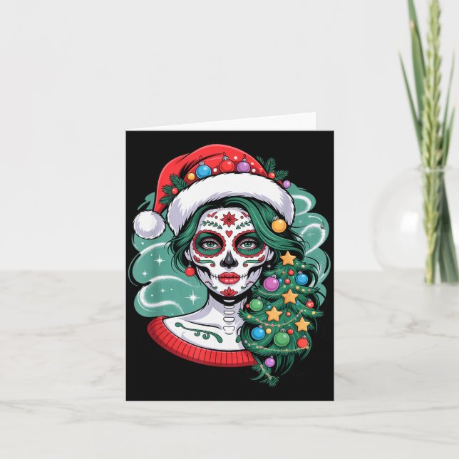 Christmas Sugar Skull Art Woman Santa Hat Festive  Card (Front)