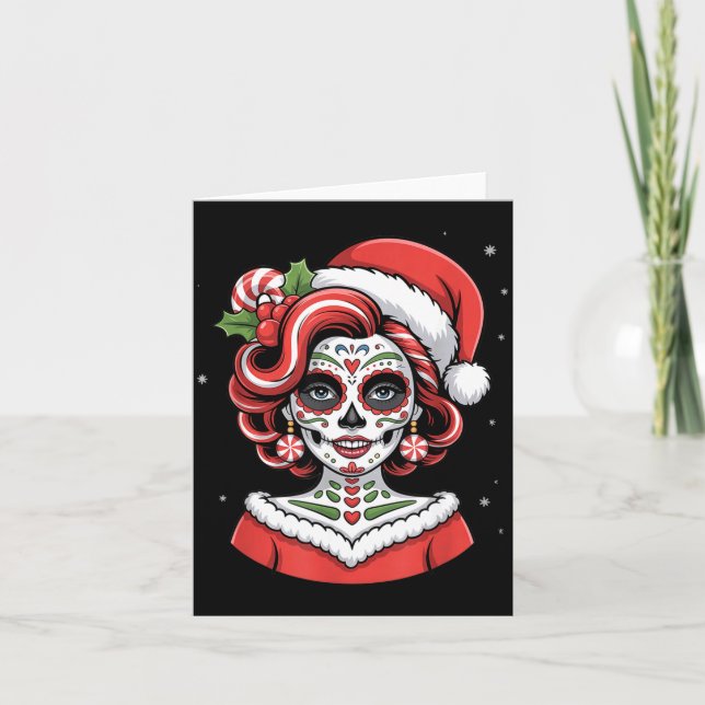 Christmas Sugar Skull Art Woman Santa Hat Festive  Card (Front)