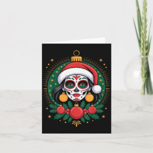 Christmas Sugar Skull Art Woman Santa Hat Festive  Card