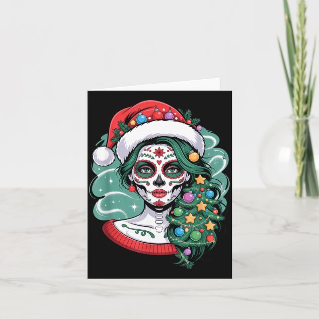Christmas Sugar Skull Art Woman Santa Hat Festive  Card (Front)