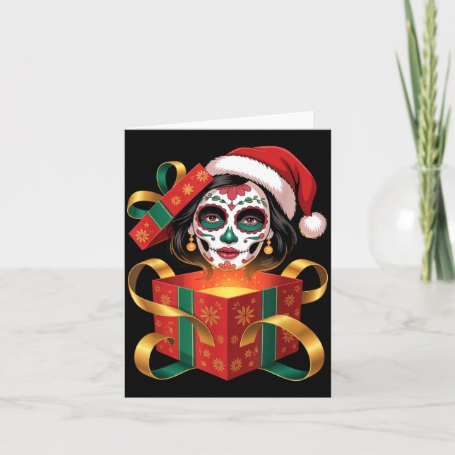 Christmas Sugar Skull Art Woman Santa Hat Festive  Card (Front)
