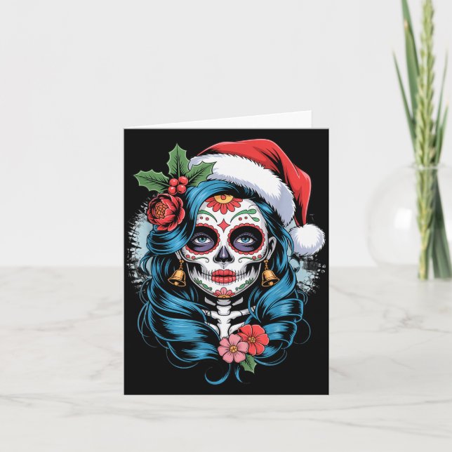 Christmas Sugar Skull Art Woman Santa Hat Festive  Card (Front)