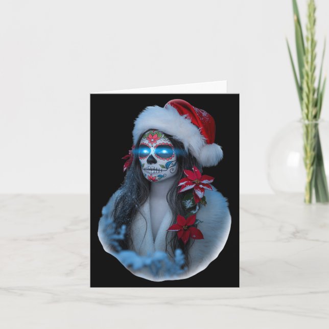 Christmas Sugar Skull Art Woman Santa Hat Festive  Card (Front)