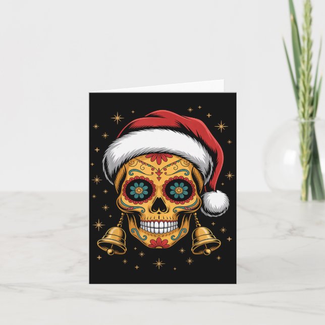 Christmas Sugar Skull Art Woman Santa Hat Festive  Card (Front)
