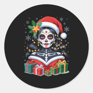 Christmas Sugar Skull Art Woman Santa Hat Festive  Classic Round Sticker