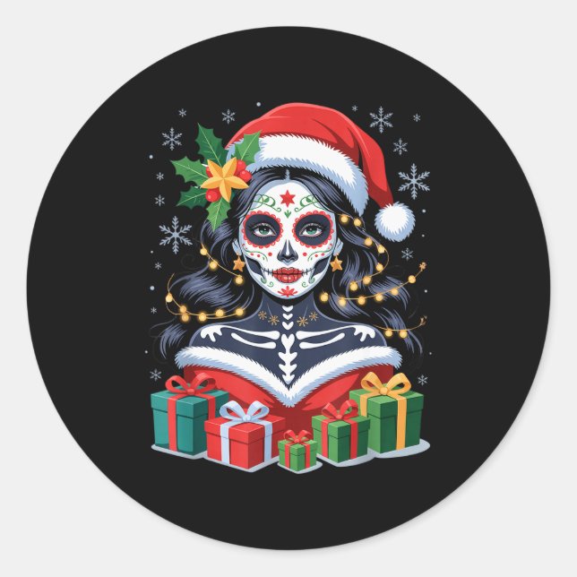 Christmas Sugar Skull Art Woman Santa Hat Festive  Classic Round Sticker (Front)