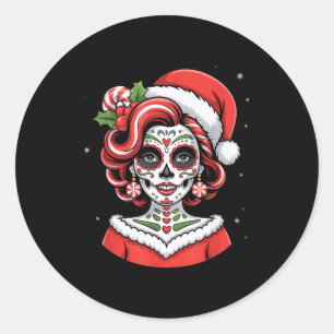 Christmas Sugar Skull Art Woman Santa Hat Festive  Classic Round Sticker