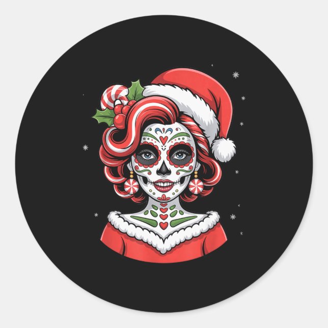 Christmas Sugar Skull Art Woman Santa Hat Festive  Classic Round Sticker (Front)