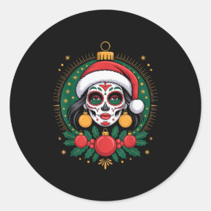 Christmas Sugar Skull Art Woman Santa Hat Festive  Classic Round Sticker