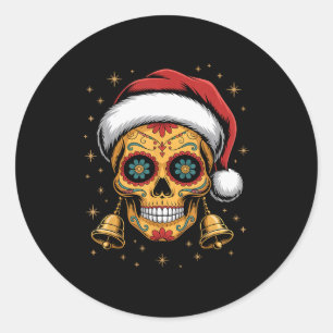 Christmas Sugar Skull Art Woman Santa Hat Festive  Classic Round Sticker