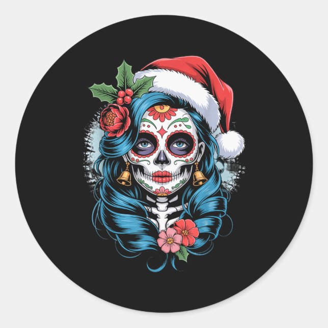 Christmas Sugar Skull Art Woman Santa Hat Festive  Classic Round Sticker (Front)