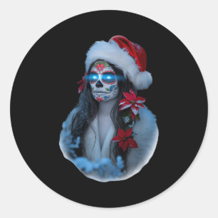 Christmas Sugar Skull Art Woman Santa Hat Festive  Classic Round Sticker