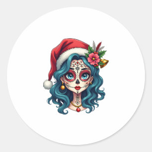 Christmas Sugar Skull Art Woman Santa Hat Festive Classic Round Sticker