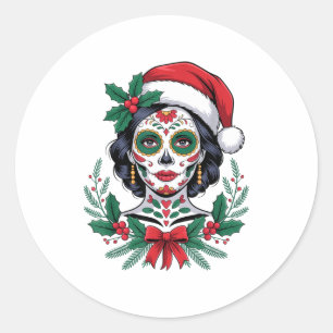 Christmas Sugar Skull Art Woman Santa Hat Festive  Classic Round Sticker