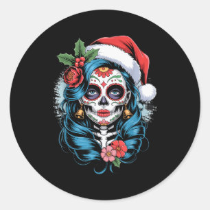 Christmas Sugar Skull Art Woman Santa Hat Festive  Classic Round Sticker