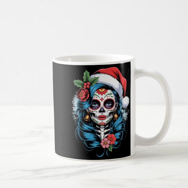Christmas Sugar Skull Art Woman Santa Hat Festive  Coffee Mug (Right)
